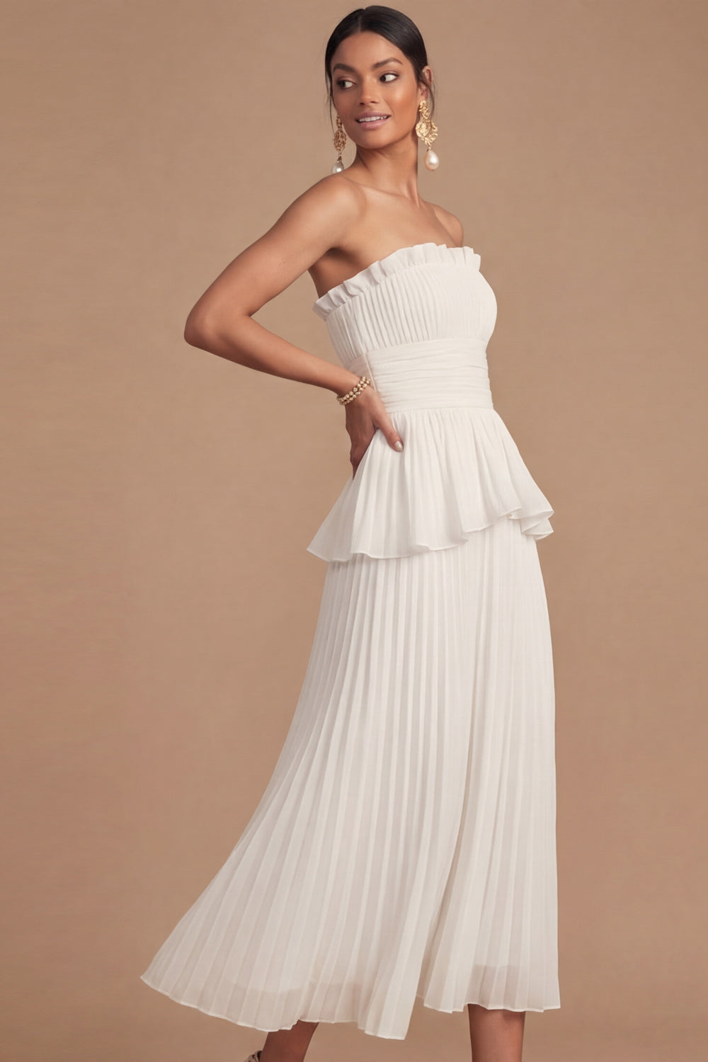 White Strapless A Line Pleated Midi Wedding Reception Dress