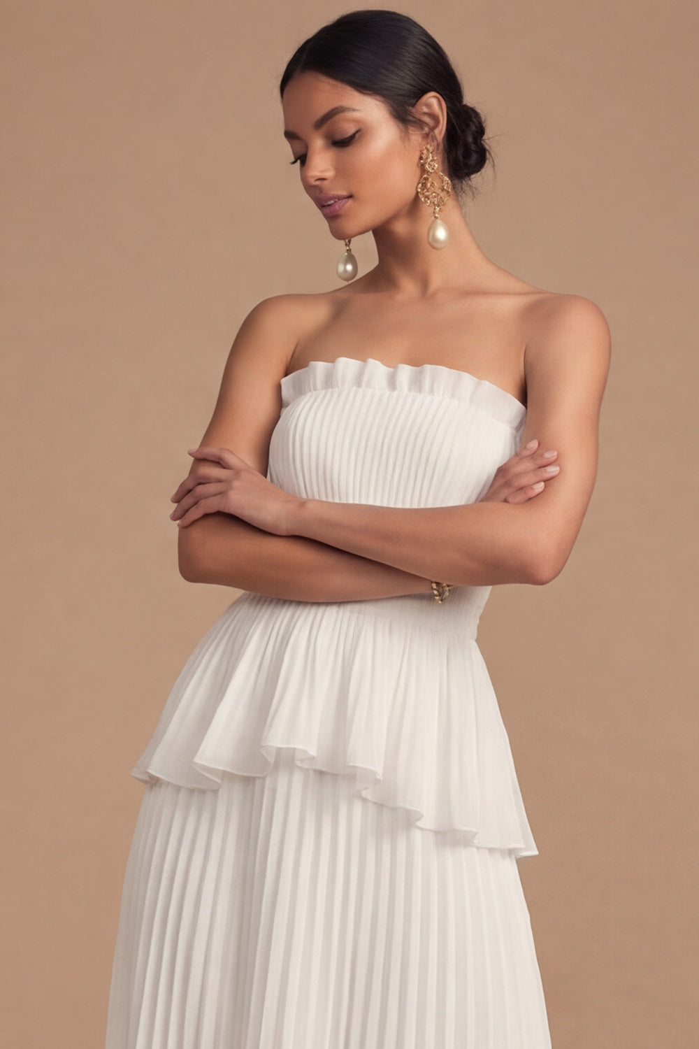 White Strapless A Line Pleated Midi Wedding Reception Dress