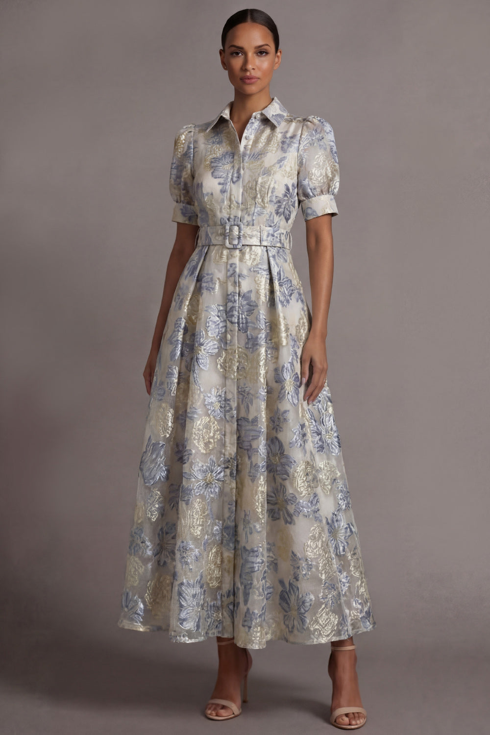 Leely Women Floral Jacquard A Line Dusty Blue Long Wedding Guest Dress Collar Neck Puff Sleeves Formal Dress