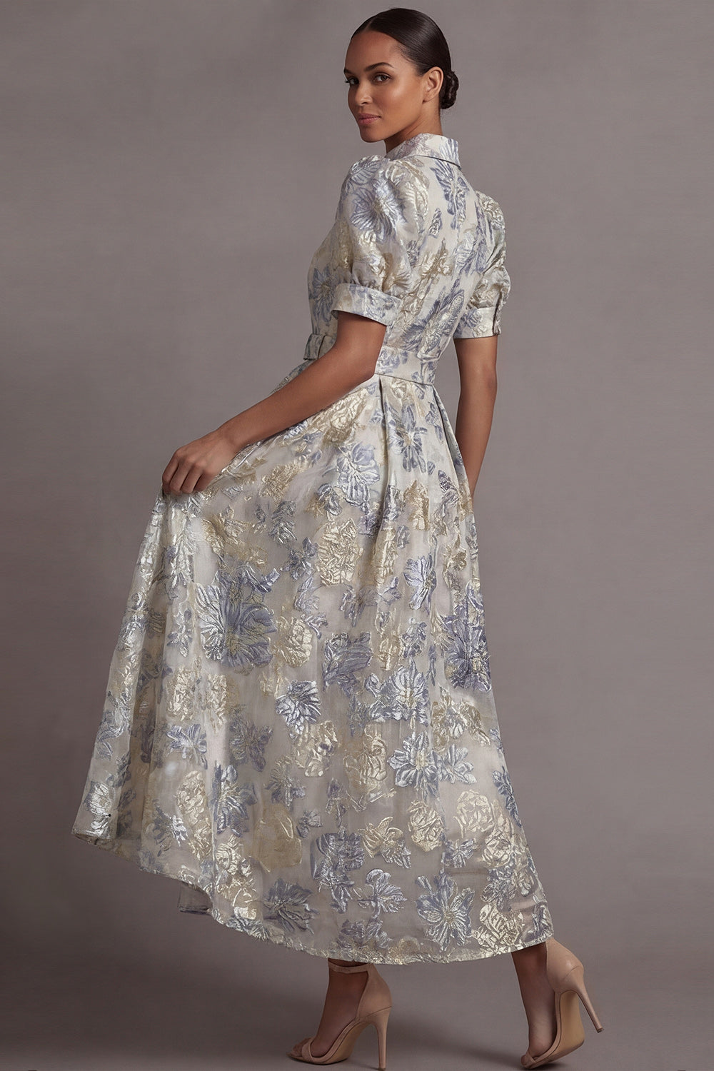 Floral Collar Neck Jacquard A Line Dusty Blue Long Wedding Guest Dress