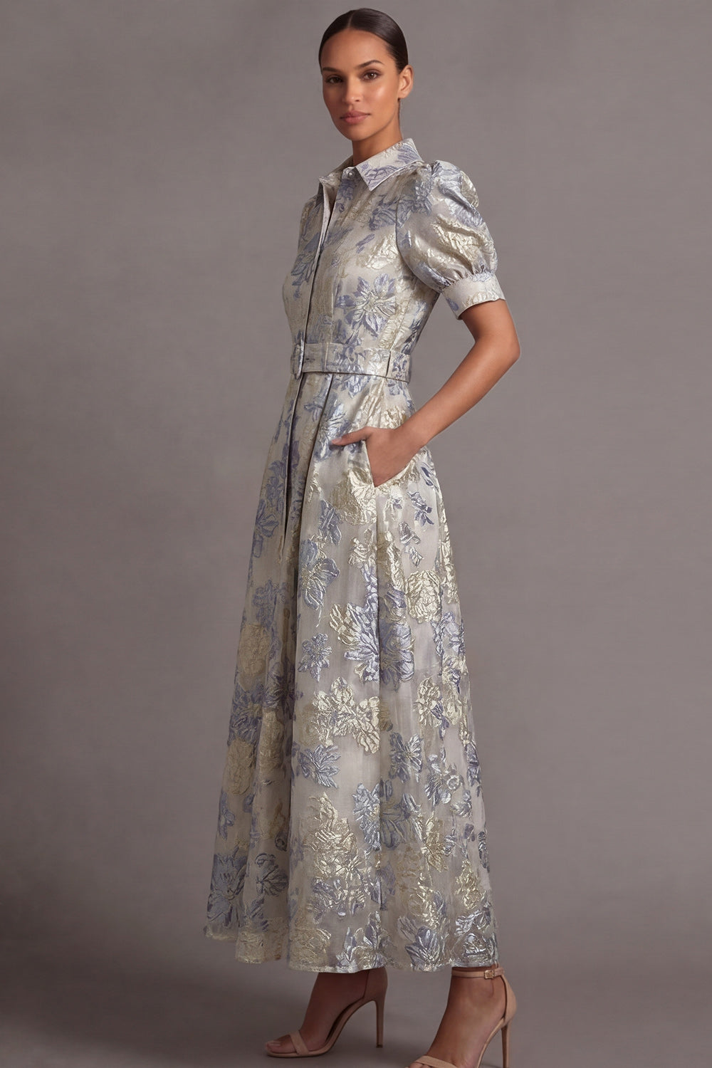 Floral Collar Neck Jacquard A Line Dusty Blue Long Wedding Guest Dress