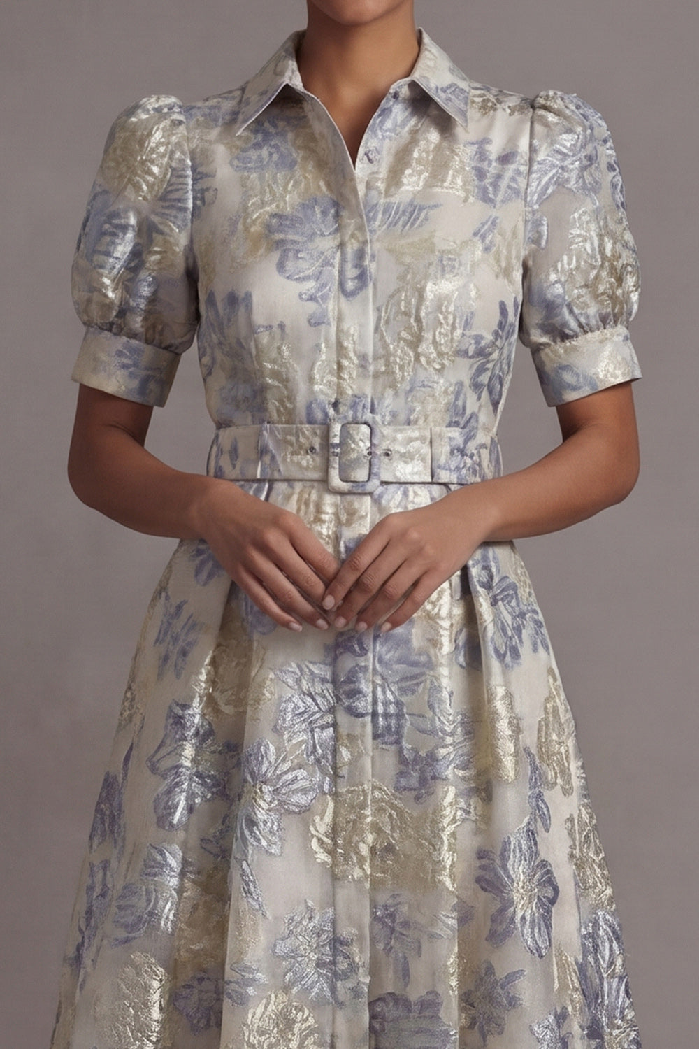 Floral Collar Neck Jacquard A Line Dusty Blue Long Wedding Guest Dress