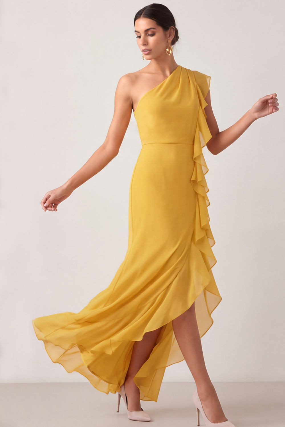 Yellow One Shoulder Ruffled Maxi Wedding Guest Dress with Slit