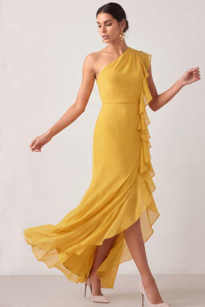 Leely Women Yellow Long Beach Wedding Guest Dress with Slit One Shoulder Ruffled Mermaid Bridesmaid Dress