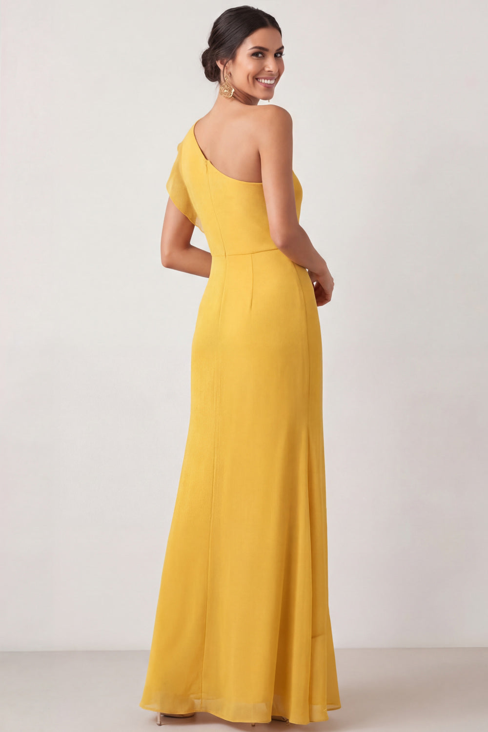 Yellow One Shoulder Ruffled Maxi Wedding Guest Dress with Slit