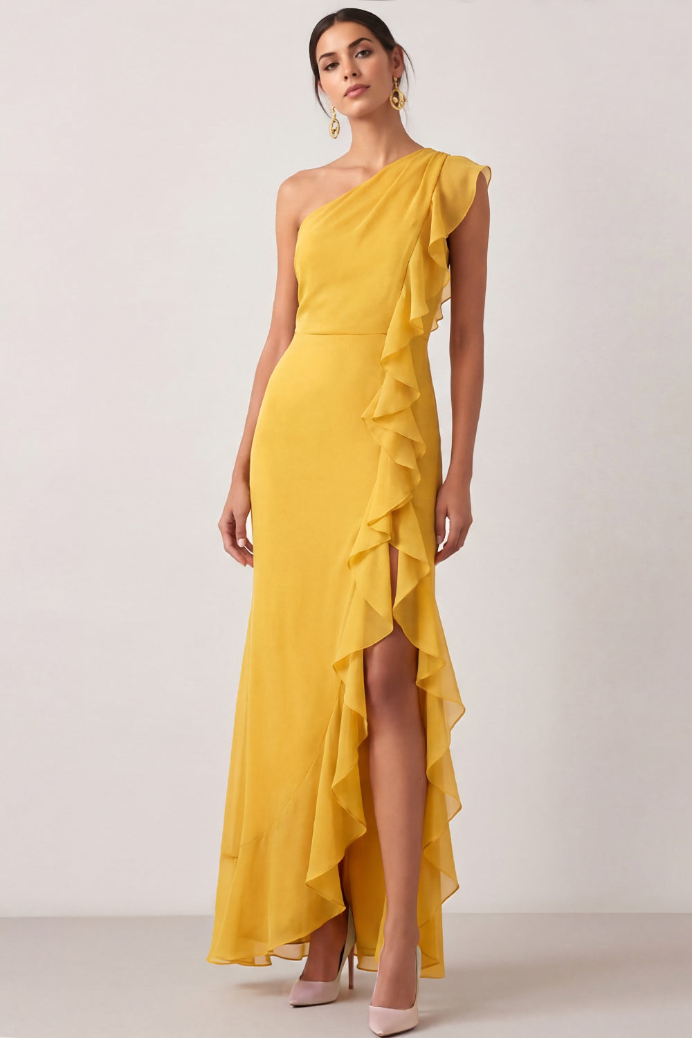 Yellow One Shoulder Ruffled Maxi Wedding Guest Dress with Slit