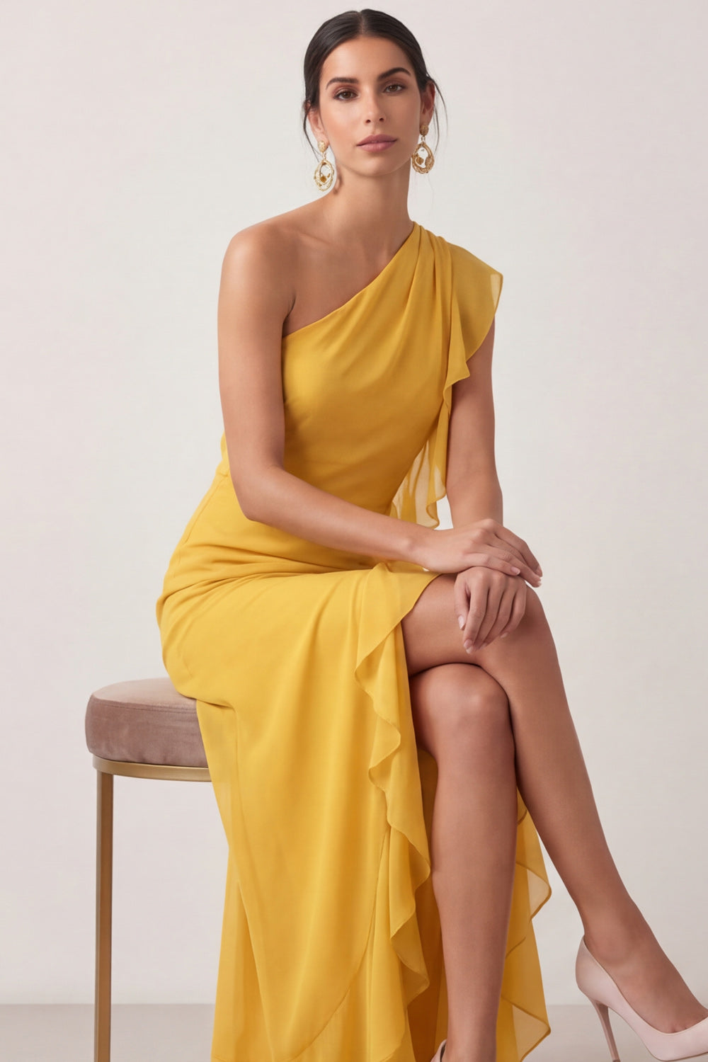 Yellow One Shoulder Ruffled Maxi Wedding Guest Dress with Slit