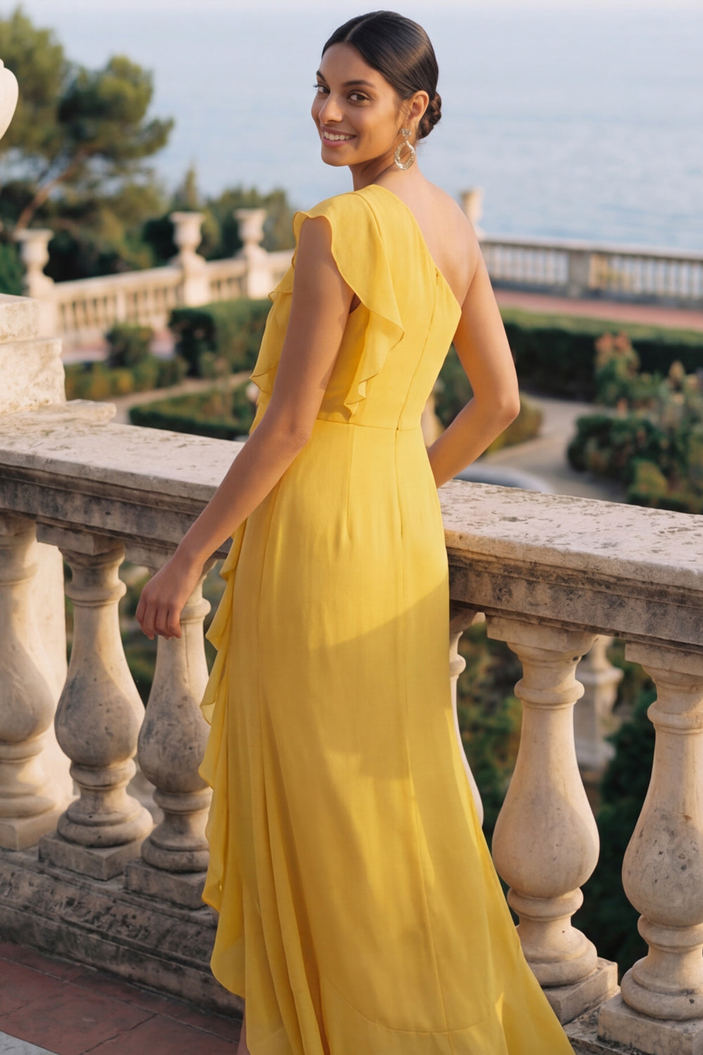 Yellow One Shoulder Ruffled Maxi Wedding Guest Dress with Slit