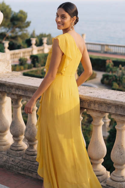 Yellow One Shoulder Ruffled Maxi Wedding Guest Dress with Slit