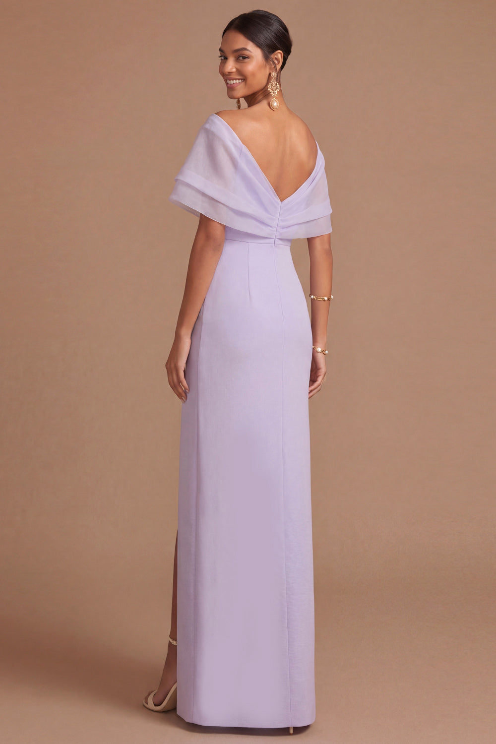 Lilac Sheath Off the Shoulder Backless Long Wedding Guest Dress with Slit