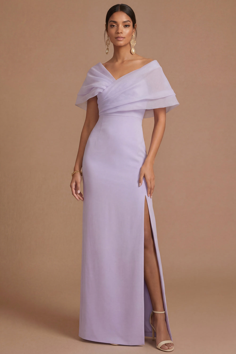 Leely Women Lilac Sheath Off the Shoulder Long Wedding Guest Dress with Slit Backless Short Sleeves Formal Dress