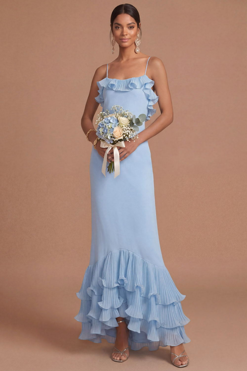 Leely Women Light Blue Spaghetti Straps Mermaid Long Formal Dress Tiered Ruffled Backless Wedding Guest Dress