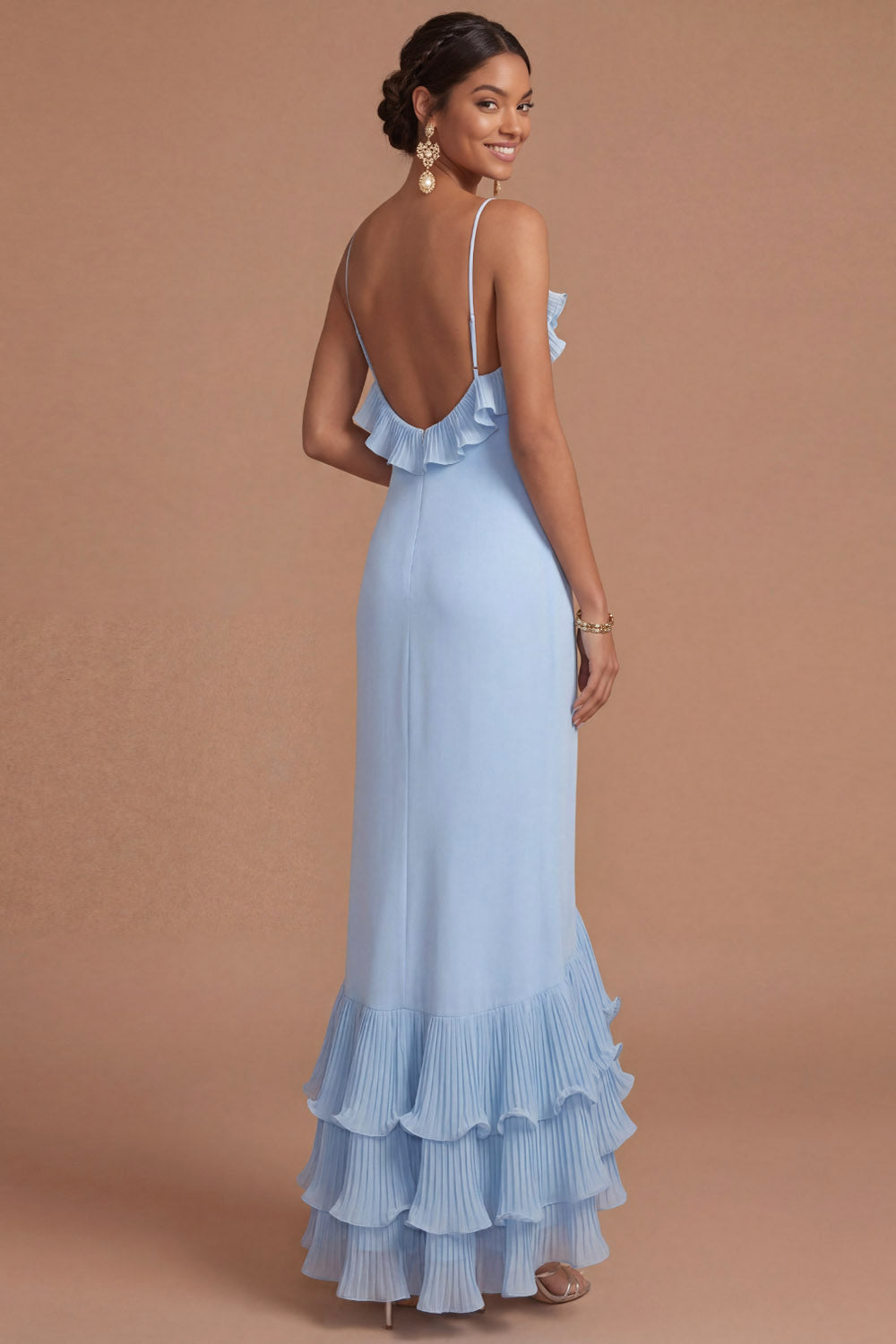 Light Blue Tiered Ruffled Spaghetti Straps Mermaid Long Formal Dress