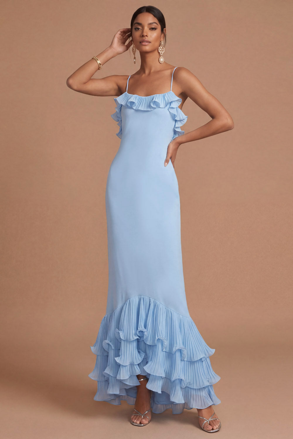 Light Blue Tiered Ruffled Spaghetti Straps Mermaid Long Formal Dress