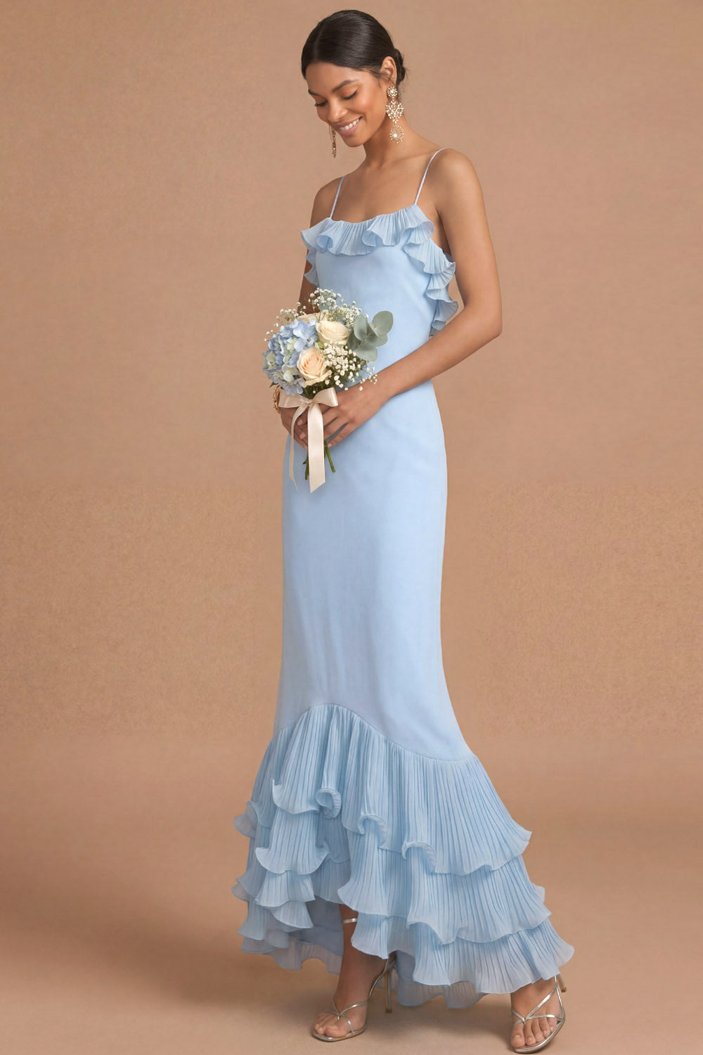 Light Blue Tiered Ruffled Spaghetti Straps Mermaid Long Formal Dress