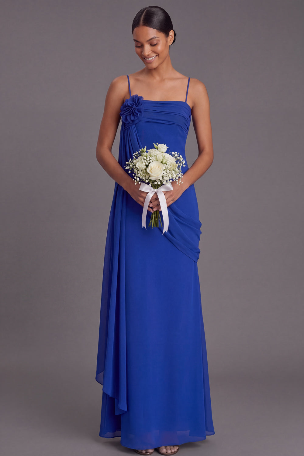 Blue Spaghetti Straps Long Bridesmaid Dress with Flower