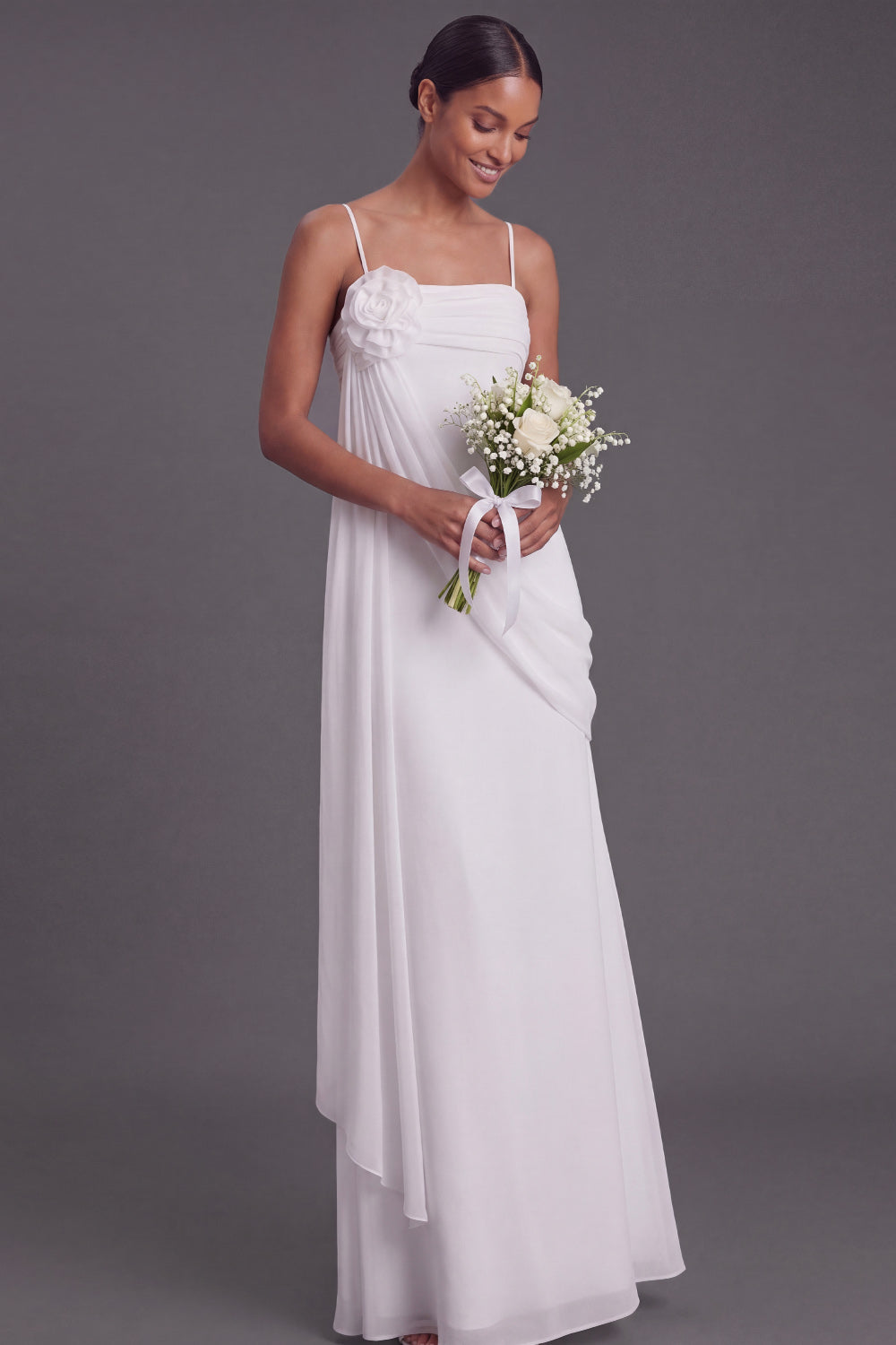 White Spaghetti Straps Long Wedding Reception Dress with Flower