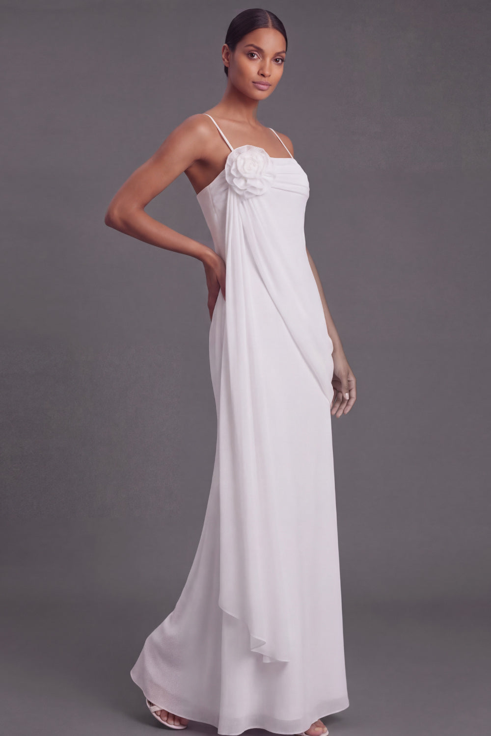 White Spaghetti Straps Long Wedding Reception Dress with Flower