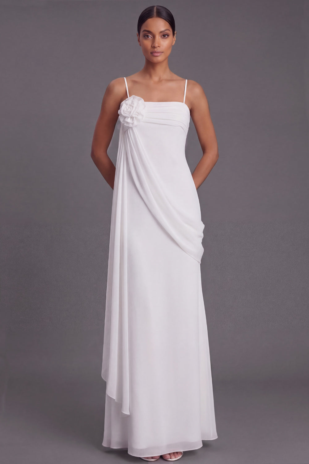 White Spaghetti Straps Long Wedding Reception Dress with Flower