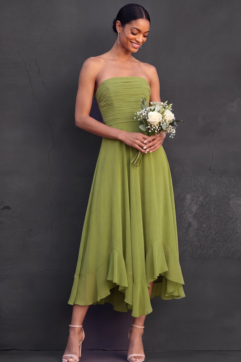 Mustard Green A Line Strapless Backless Ruffled Midi Formal Dress