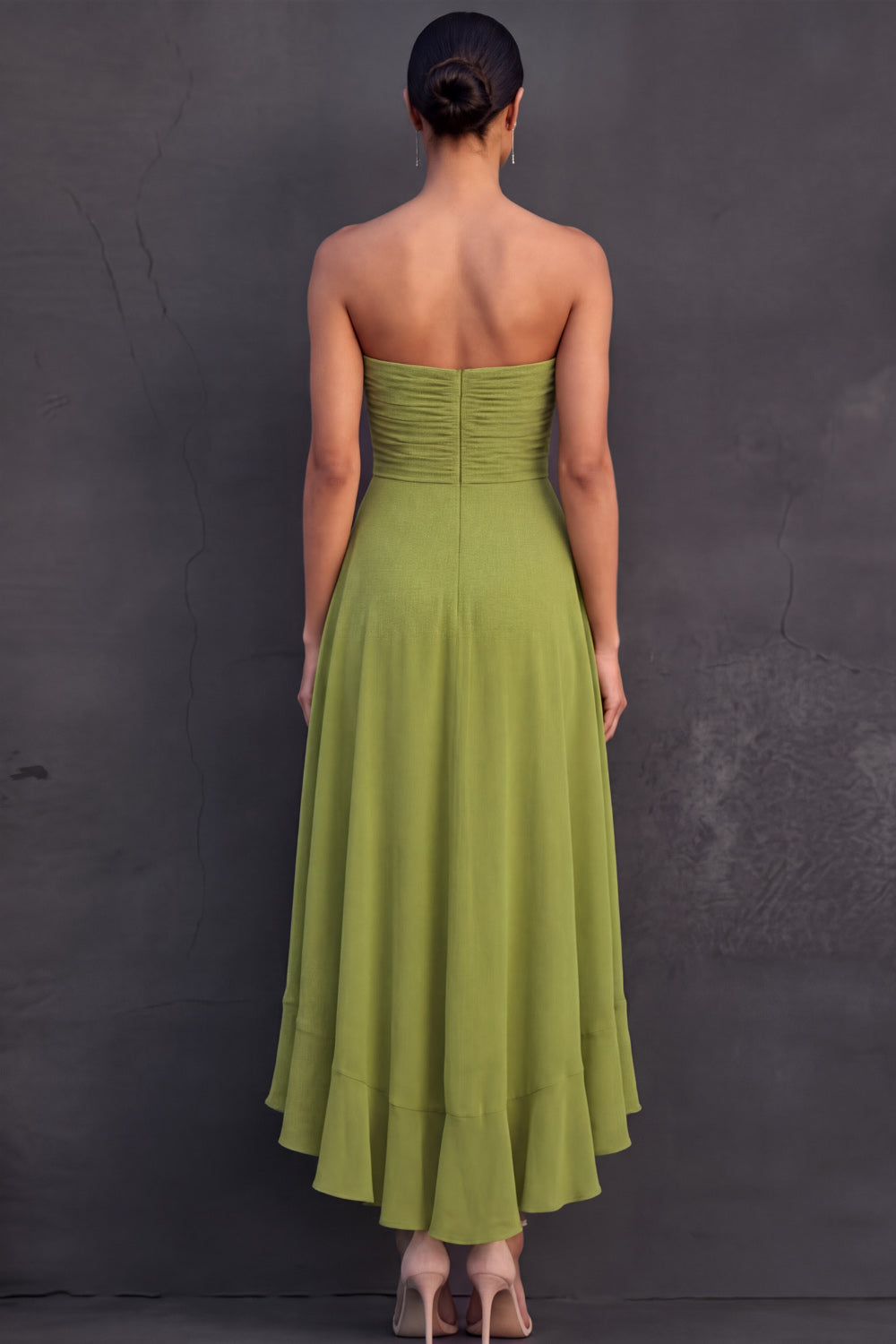 Mustard Green A Line Strapless Backless Ruffled Midi Formal Dress