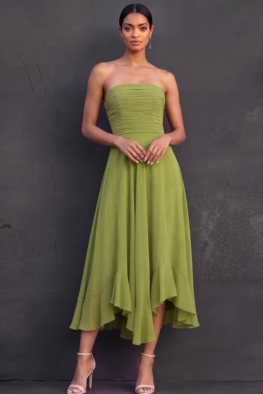 Mustard Green A Line Strapless Backless Ruffled Midi Formal Dress