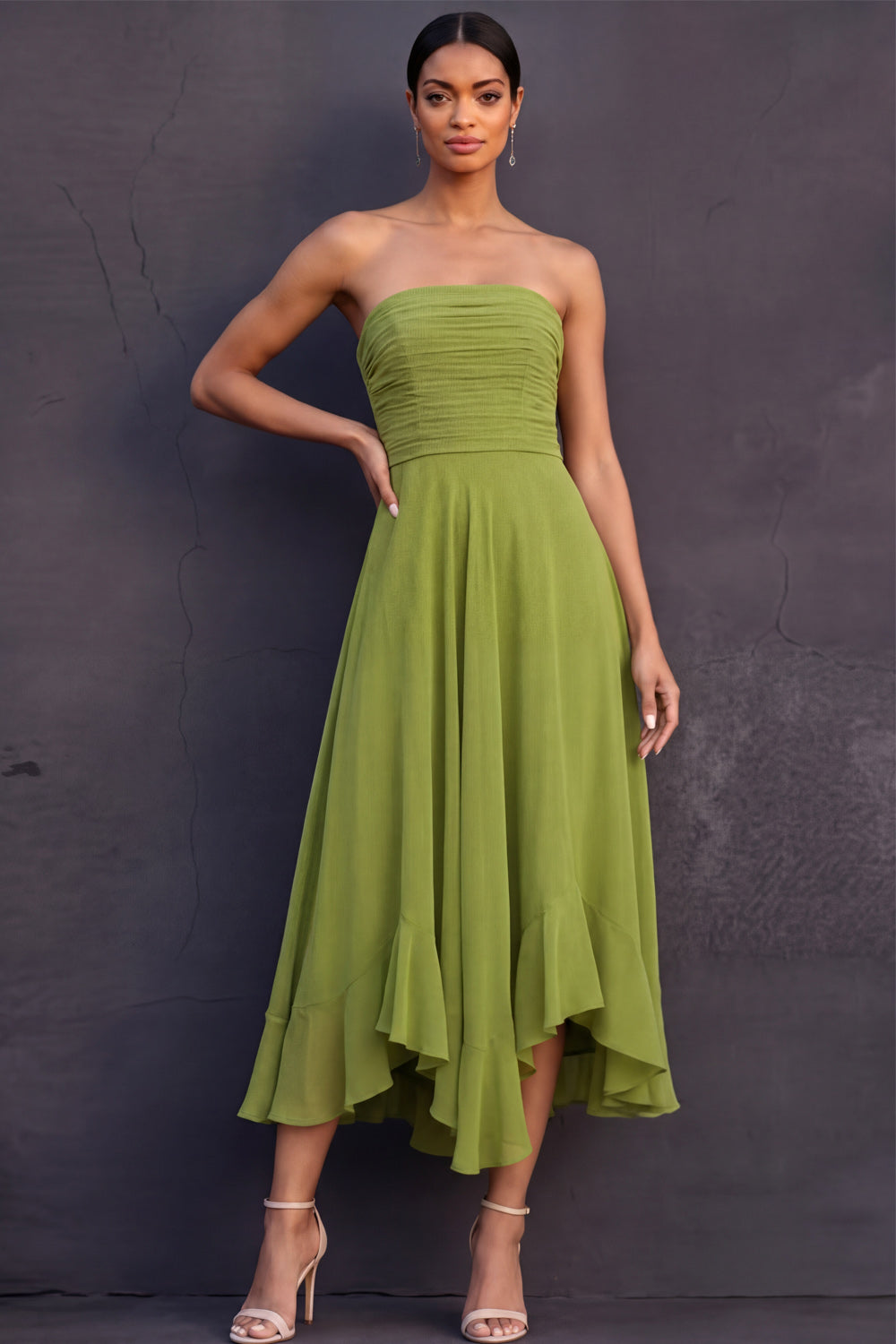 Mustard Green A Line Strapless Backless Ruffled Midi Formal Dress