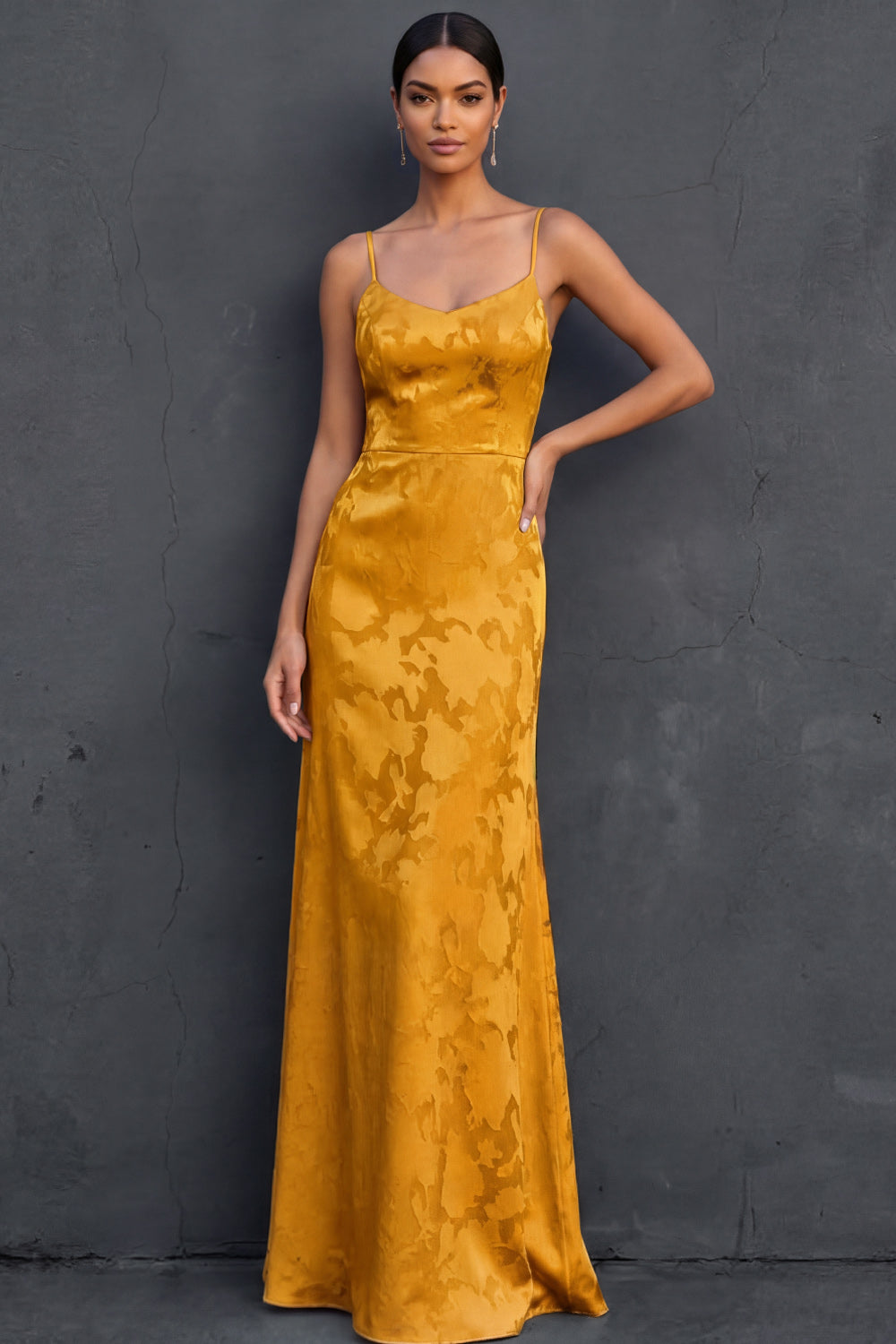 Leely Women Yellow Spaghetti Straps Sheath Long Wedding Guest Dress Sleeveless Lace Up Back Formal Dress
