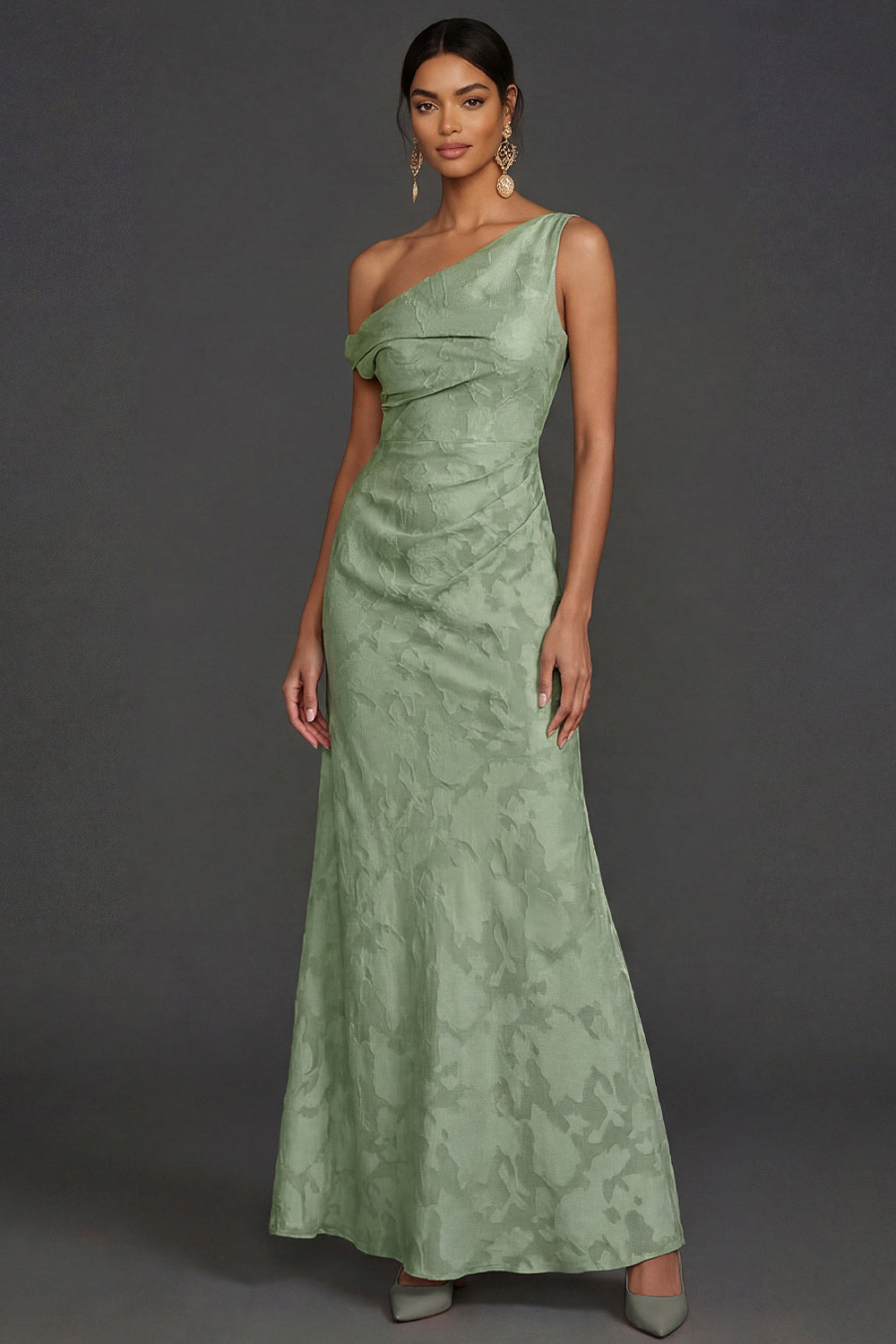Leely Women Green One Shoulder Ruched Long Formal Dress Sleeveless Backless Wedding Guest Dress