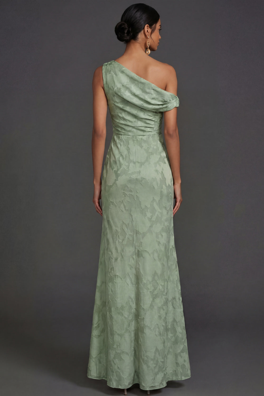 Green One Shoulder Ruched Sleeveless Long Formal Dress