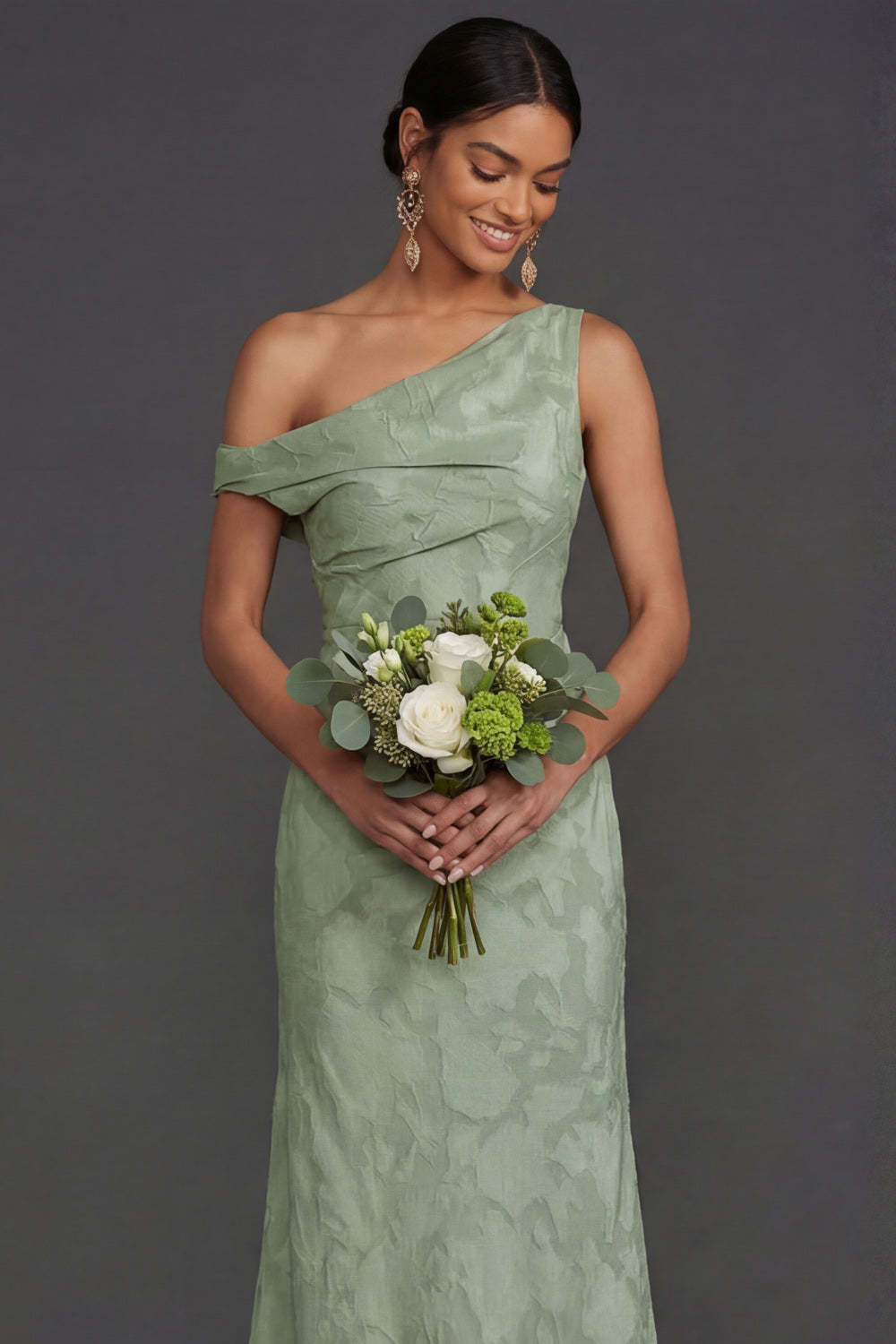 Green One Shoulder Ruched Sleeveless Long Formal Dress