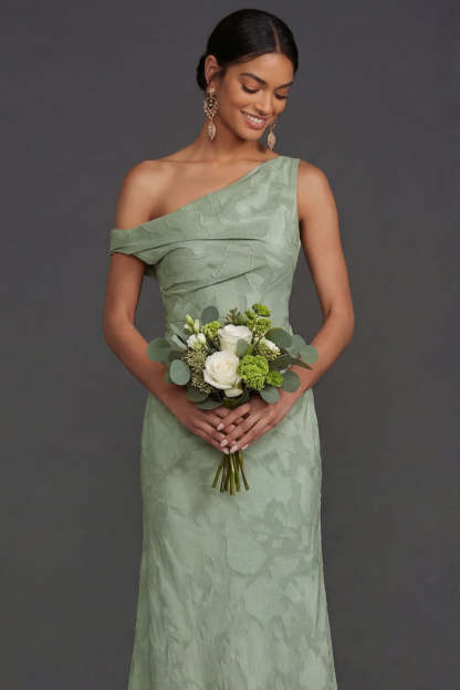 Green One Shoulder Ruched Sleeveless Long Formal Dress