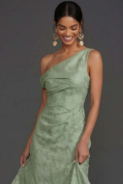 Green One Shoulder Ruched Sleeveless Long Formal Dress