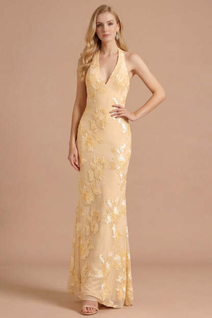Leely Women Light Yellow Mermaid Long Bridesmaid Dress Halter Embroidered Wedding Guest Dress
