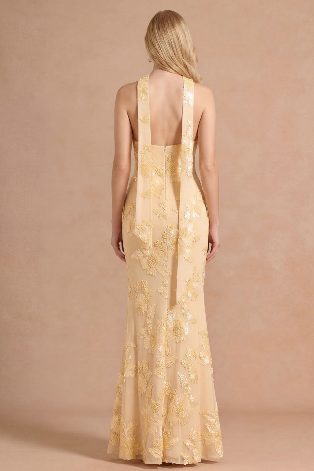 Light Yellow Long Embroidered Mermaid Halter Bridesmaid Dress