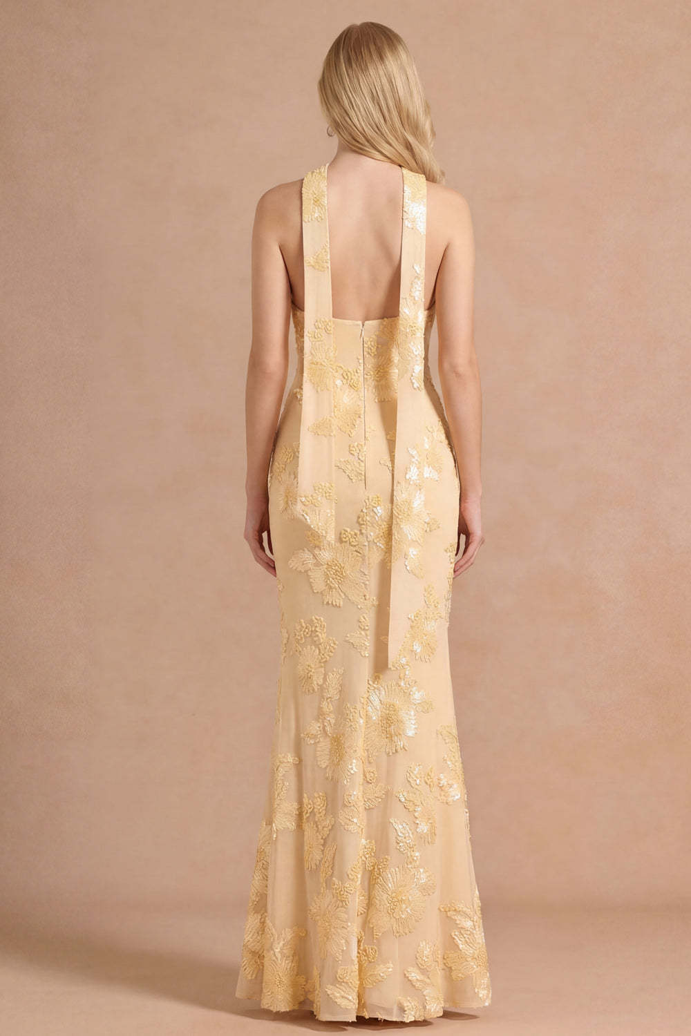 Light Yellow Long Embroidered Mermaid Halter Bridesmaid Dress