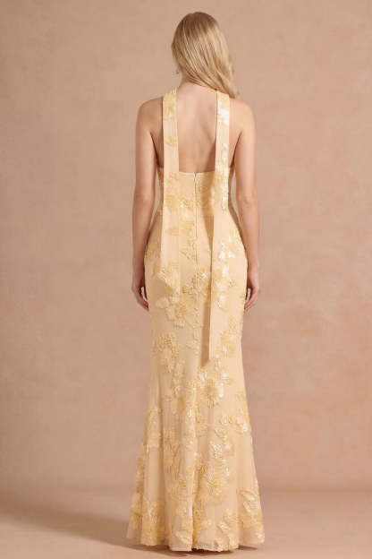 Light Yellow Long Embroidered Mermaid Halter Bridesmaid Dress