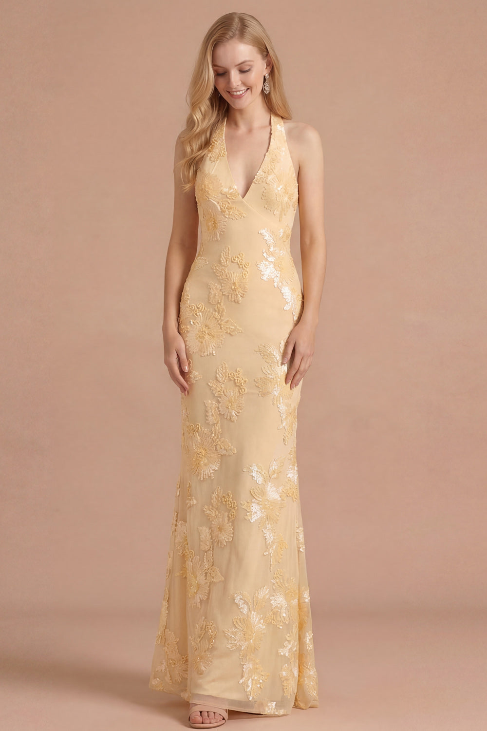Light Yellow Long Embroidered Mermaid Halter Bridesmaid Dress