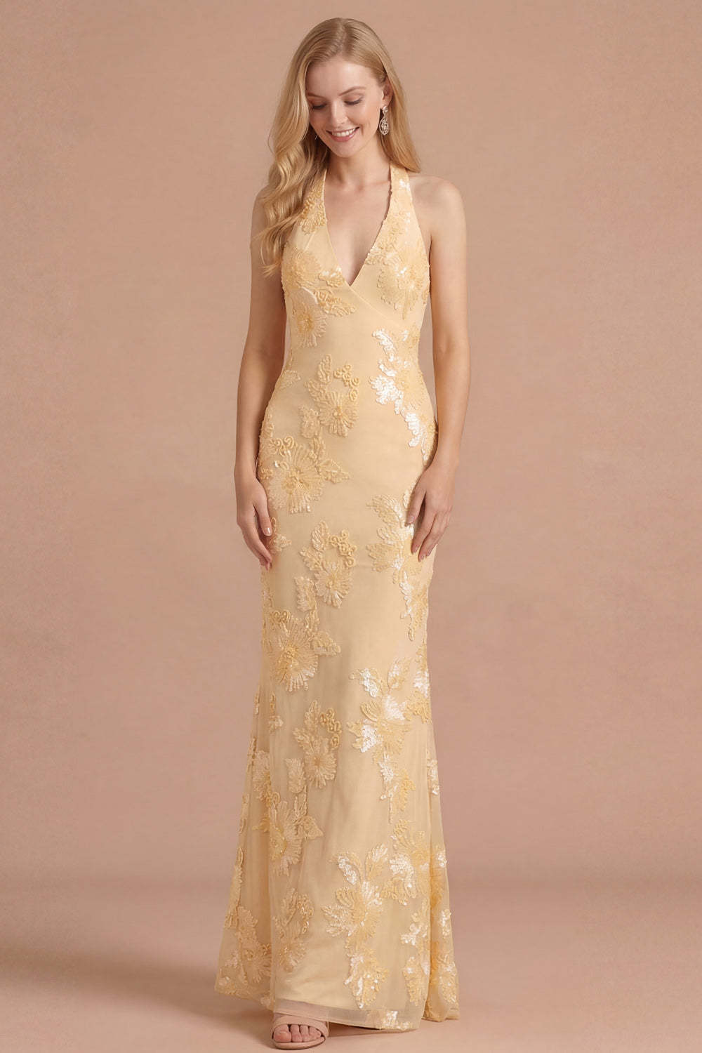 Light Yellow Long Embroidered Mermaid Halter Bridesmaid Dress