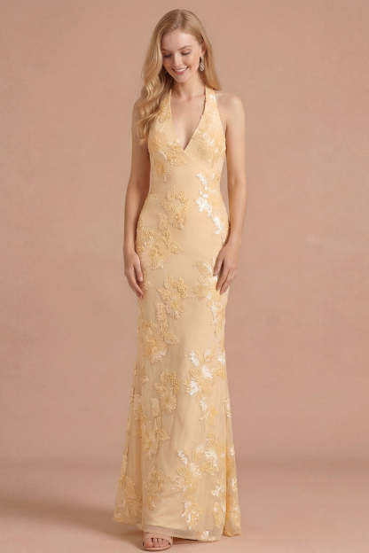 Light Yellow Long Embroidered Mermaid Halter Bridesmaid Dress