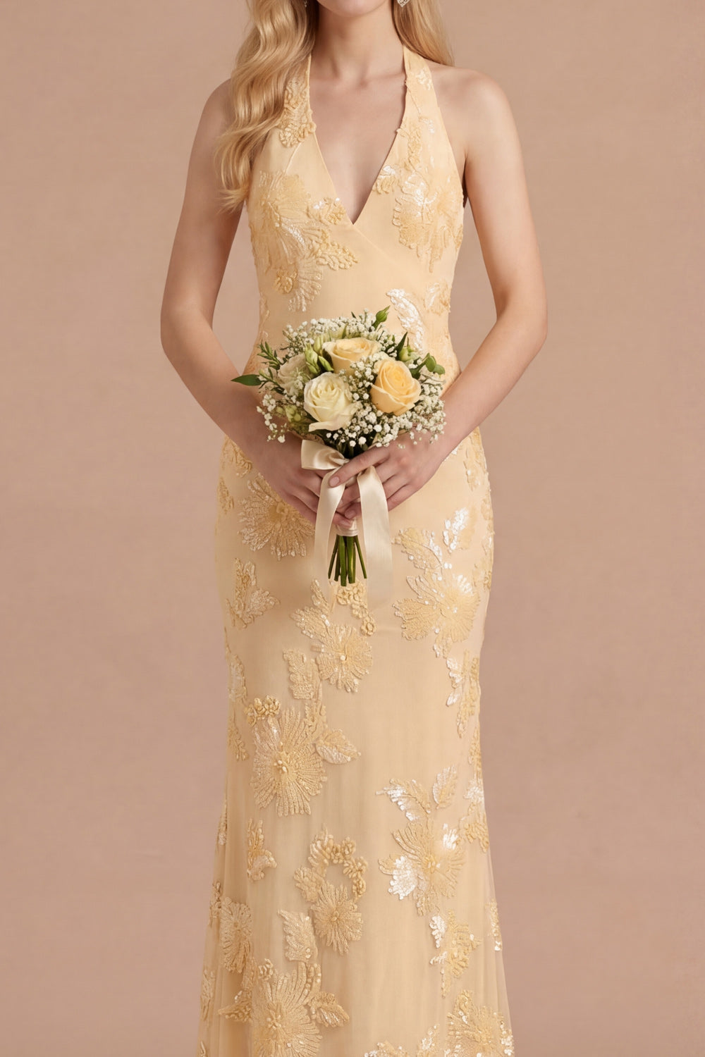 Light Yellow Long Embroidered Mermaid Halter Bridesmaid Dress
