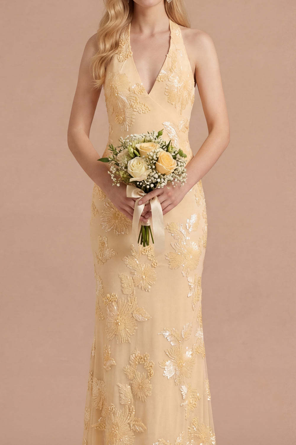 Light Yellow Long Embroidered Mermaid Halter Bridesmaid Dress
