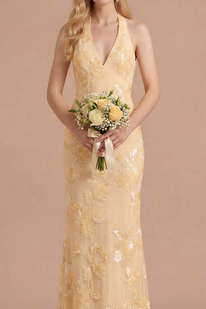 Light Yellow Long Embroidered Mermaid Halter Bridesmaid Dress