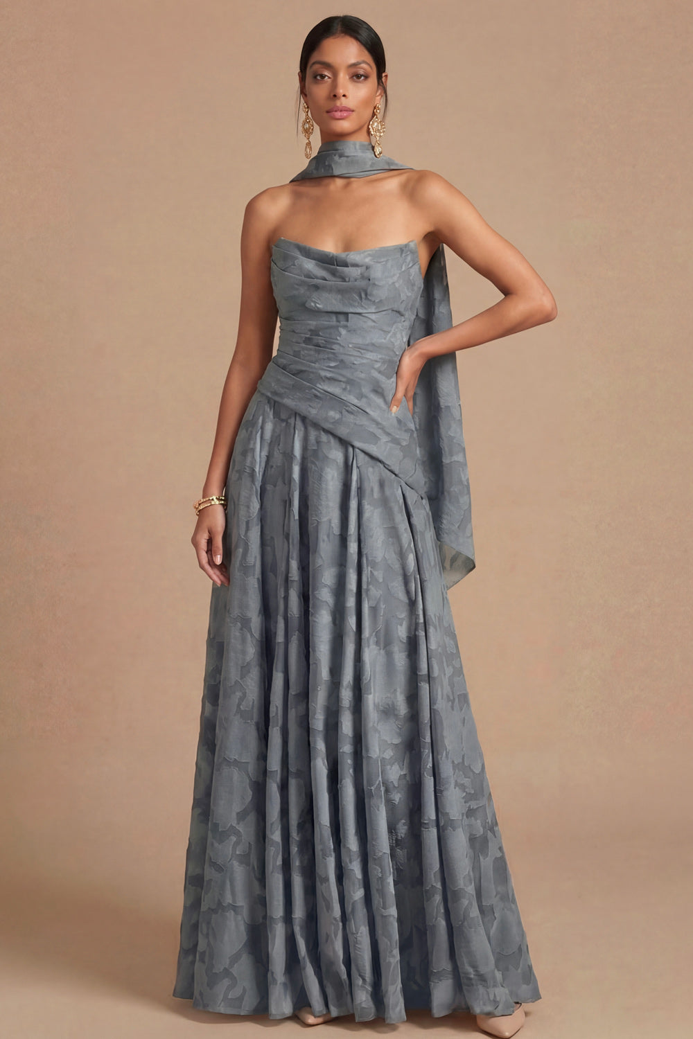 Dusty Blue A Line Ruched Strapless Long Formal Dress