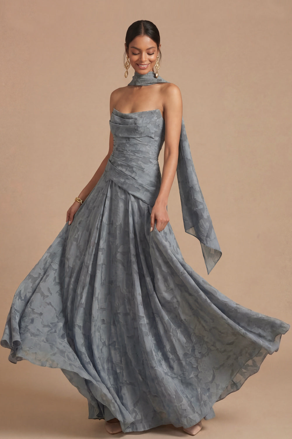 Dusty Blue A Line Ruched Strapless Long Formal Dress