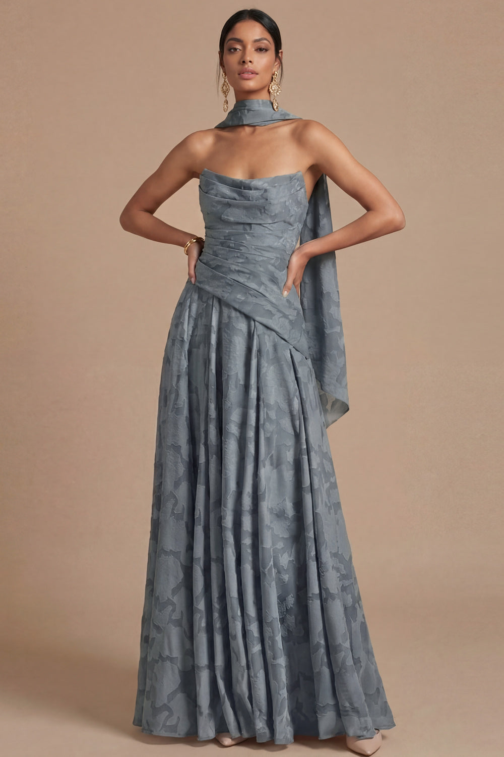 Dusty Blue A Line Ruched Strapless Long Formal Dress
