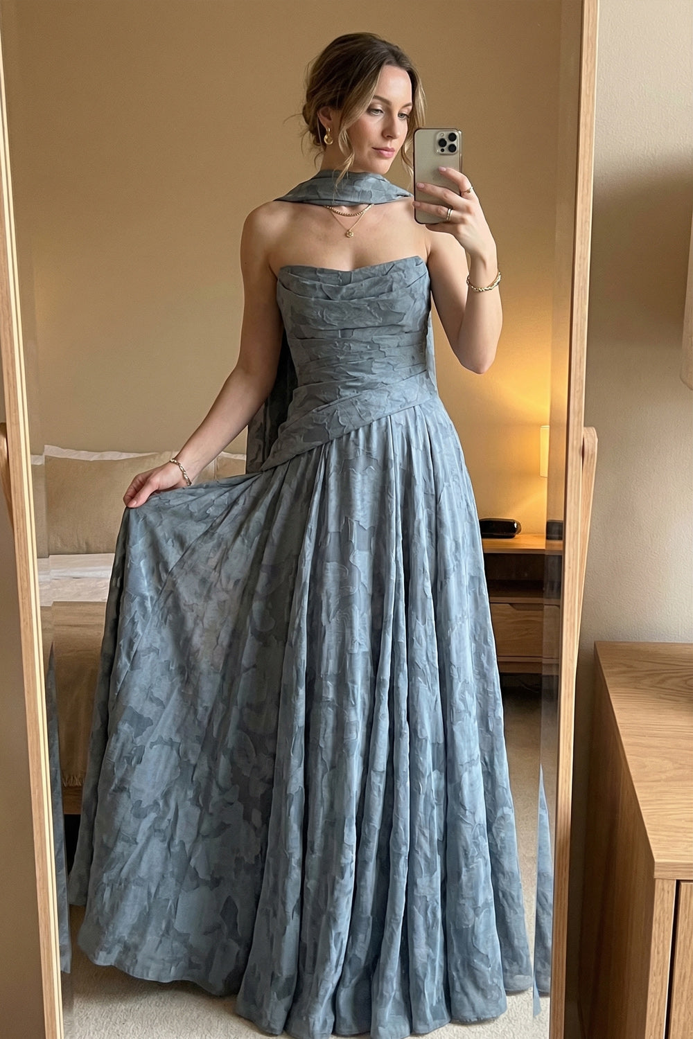 Dusty Blue A Line Ruched Strapless Long Formal Dress