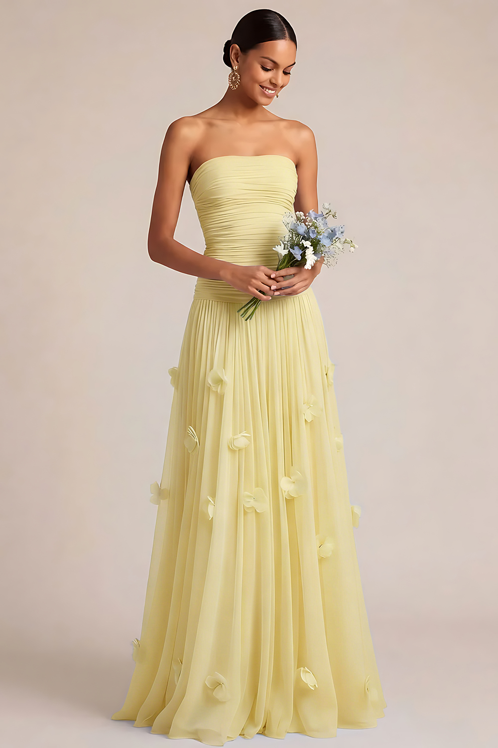 Light Blue A Line Strapless Floral Appliqued Long Bridesmaid Dress