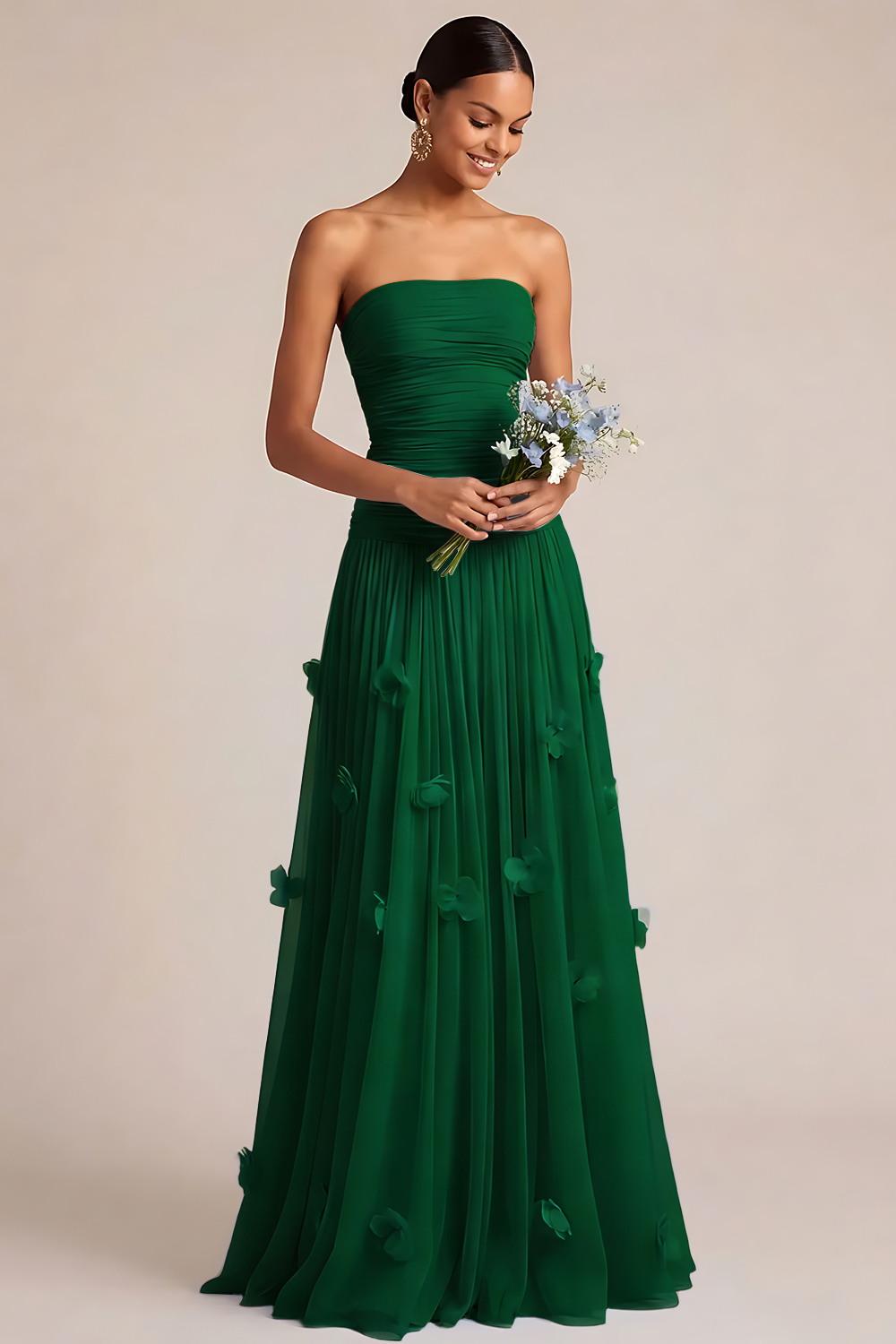 Light Blue A Line Strapless Floral Appliqued Long Bridesmaid Dress