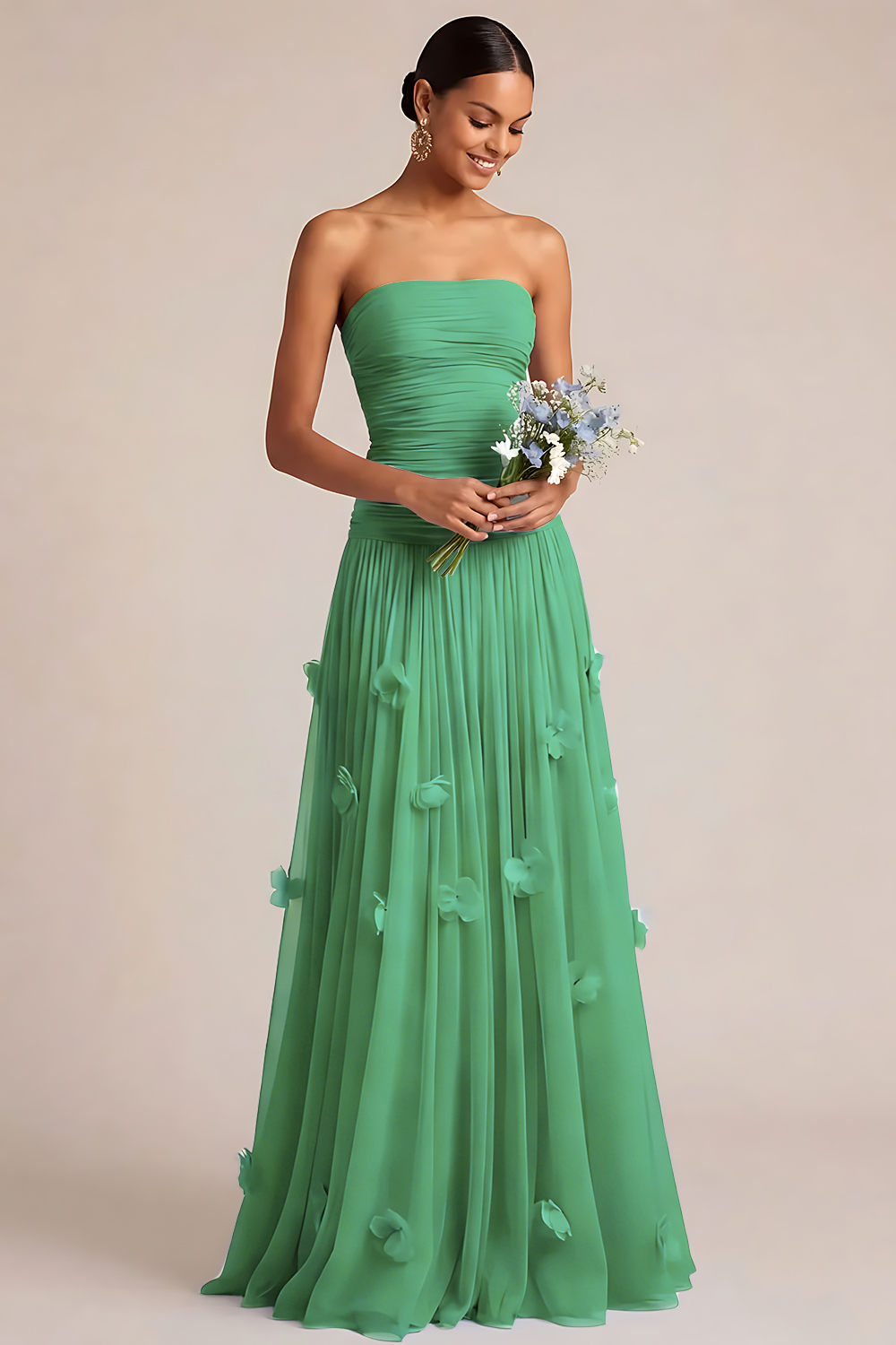 Light Blue A Line Strapless Floral Appliqued Long Bridesmaid Dress